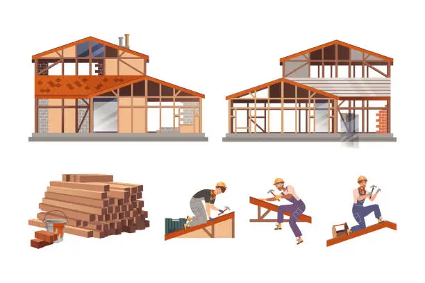 Vector illustration of Male workers building cottages set. Building and construction industry vector illustration