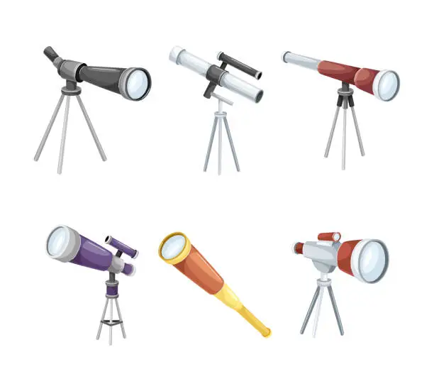 Vector illustration of Monocular on Tripod as Refracting Telescope for Viewing Distant Object Vector Set