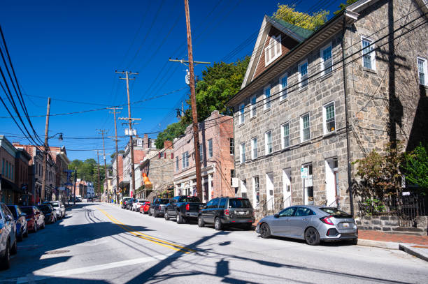 A view of the shopping district of historic Ellicott City in Howard County in Maryland Historic Ellicott City in Howard County in Maryland started in the year 1772. ellicott city maryland stock pictures, royalty-free photos & images