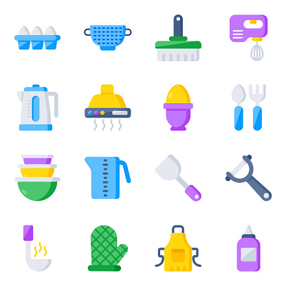 Are you ready to get this kitchen tools flat icon pack, a cool pack with detailing for each icon. Fully editable in size and shape, vectors are worth holding for advertisement and related projects. Happy designing.