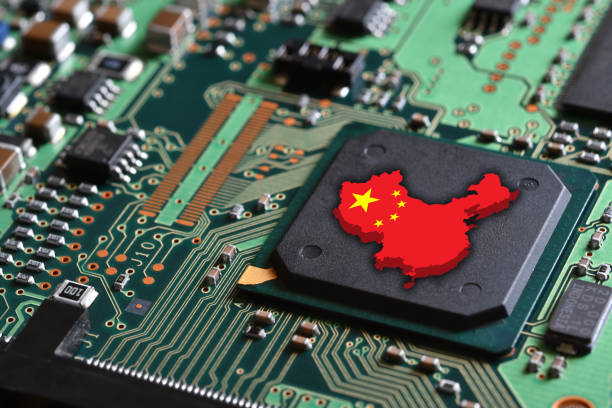 Map and Flag of the Republic of China on microchips of a printed electronic card. Concept for supremacy in global microchip and semiconductor manufacturing. stock photo