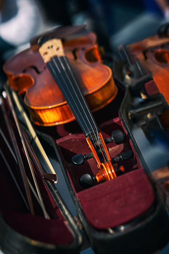 Abstract blurred background of Violin and bow in dark red case. Classical music concept. Selective focus