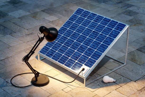 perpetual renewable, solar panel - illusion efficiency light bulb energy imagens e fotografias de stock
