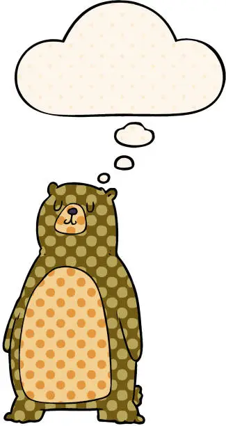 Vector illustration of cartoon bear with thought bubble in comic book style