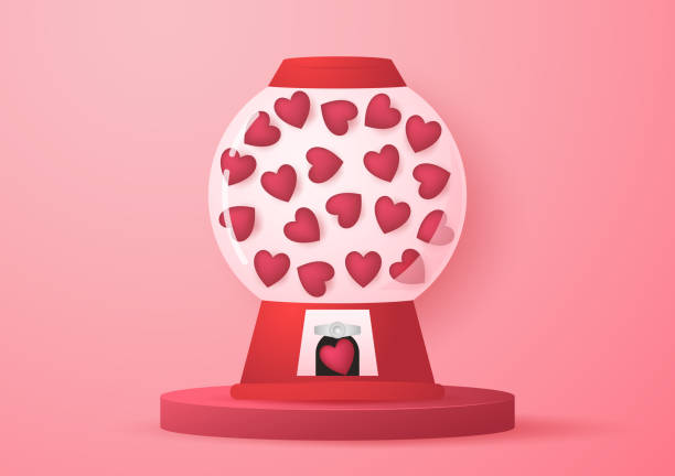istock Heart in vending machine filled with red blue and white bubble gum hearts on pink background. illustration with transparent glass. Valentine's day. 1461782222