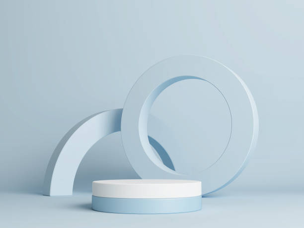 istock Mock up studio with podium for product presentation, blue background color. 1461784165