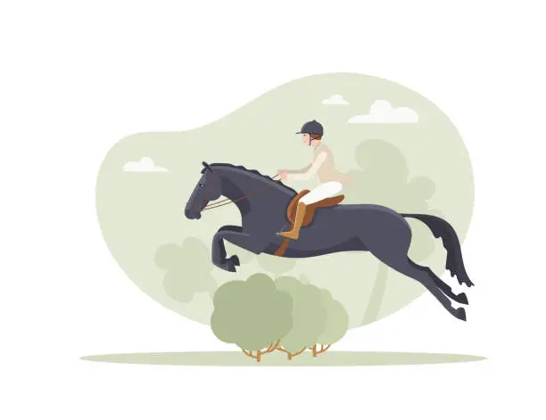 Vector illustration of Horse hunting, steeplechase, rider and horse jump over a natural obstacle