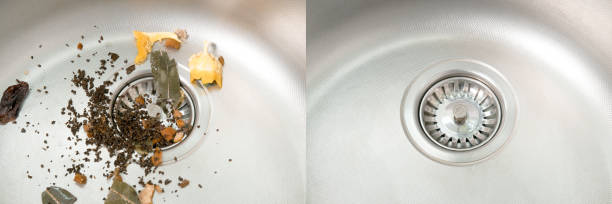 before and after concept of a clean and dirty sink with some food remains. - sink domestic kitchen kitchen sink faucet imagens e fotografias de stock