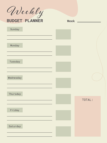 Weekly budget planner. Finance planner template with pink and green abstract details. Business organizer page