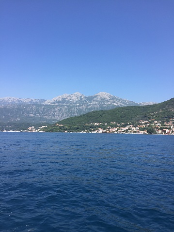 View of the mountains from a boat in Montenegro