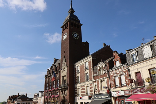 The town hall and its belfry, clock tower, town of Montdidier, Somme department, France