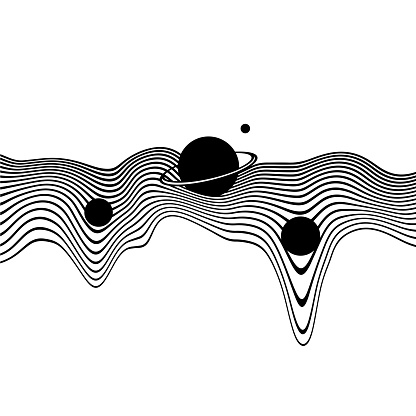 Hypnotic optical vector illustration. Abstract multidimensional waves with planets among the strings.