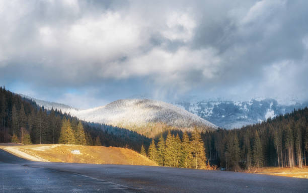 istock Beautiful winter landscape with mountains, trees, road and cloudy sky. 1461792254