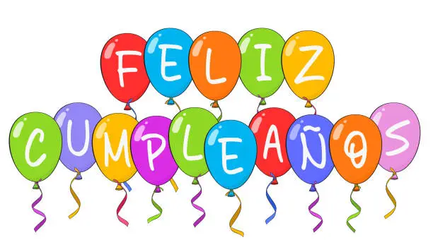 Vector illustration of Happy Birthday lettering in Spanish (Feliz Cumpleaños) with colorful balloons. Cartoon. Vector illustration