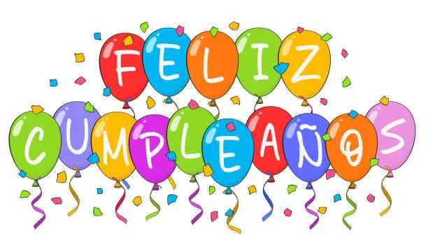 Vector illustration of Happy Birthday lettering in Spanish (Feliz Cumpleaños) with colorful balloons and confetti. Cartoon. Vector illustration