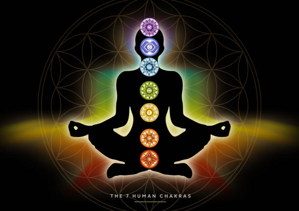 ilustraciones, imágenes clip art, dibujos animados e iconos de stock de silueta humana en pose de yoga con chakras y flor de la vida - om symbol lotus hinduism symbol