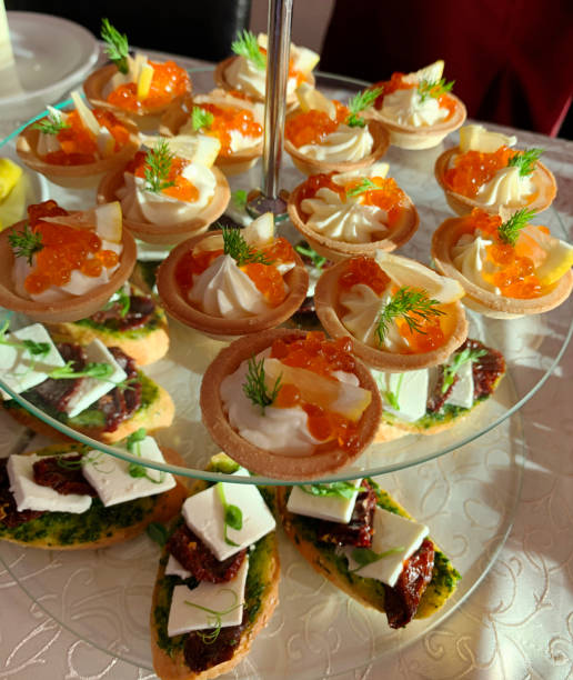 istock seafood tartlets, canape close-up, table setting with appetizers 1461802196