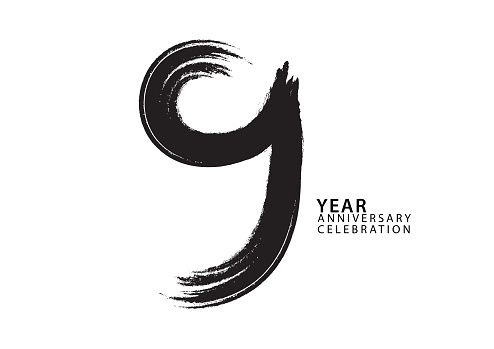 9 year anniversary celebration logotype black paintbrush vector, 9 number design, 9th Birthday invitation, anniversary template, logo number design vector, calligraphy font, typography logo