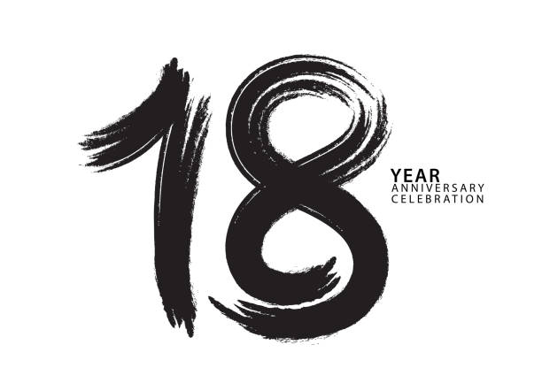 illustrazioni stock, clip art, cartoni animati e icone di tendenza di logo celebrazione anniversario 18 anni logotipo pennello nero vettoriale, 18 numeri design, 18 ° compleanno invito, modello di anniversario, numero di logo disegno vettore, carattere calligrafia, logo tipografico - numero 18