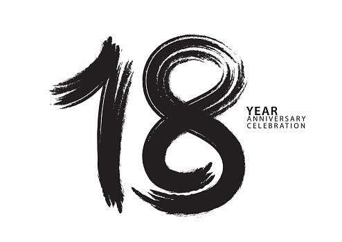 18 year anniversary celebration logotype black paintbrush vector, 18 number design, 18th Birthday invitation, anniversary template, logo number design vector, calligraphy font, typography logo