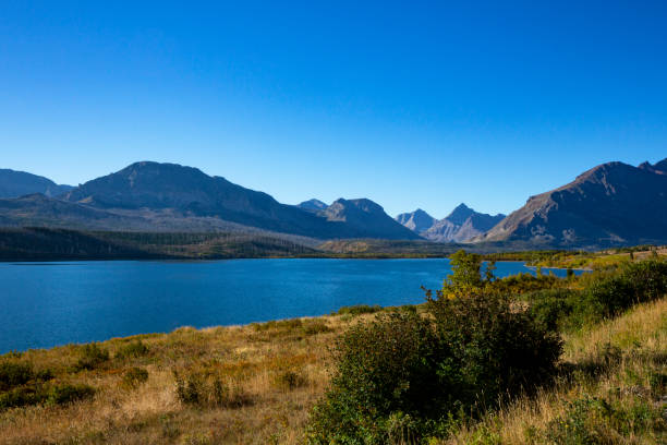 View of St Mary Lake in Glacier National Park stock photo