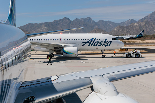 Three Alaska Airlines planes in Cabo San Lucas, Mexico