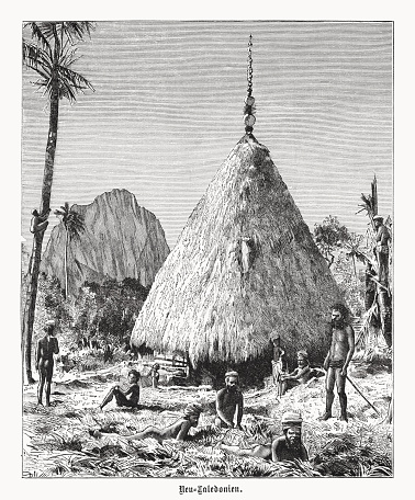 Hut of the indigenous people (Kanak people) in New Caledonia. Nostalgic scene from the past. Wood engraving, published in 1899.