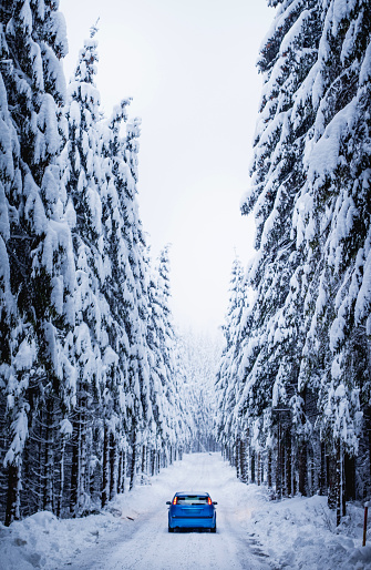 Snowy cars on a snowy street.