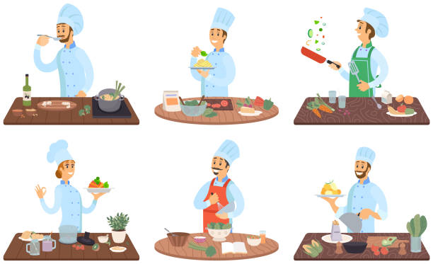 illustrations, cliparts, dessins animés et icônes de ensemble de chefs créant un repas au restaurant. les gens font frire à la poêle, coupent les légumes, ajoutent des ingrédients au plat - chef men one person cooking