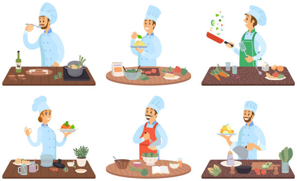 ilustrações, clipart, desenhos animados e ícones de conjunto de chefs criando refeição de restaurante. as pessoas fritam com panela, cortam legumes, adicionam ingredientes ao prato - commercial kitchen illustrations