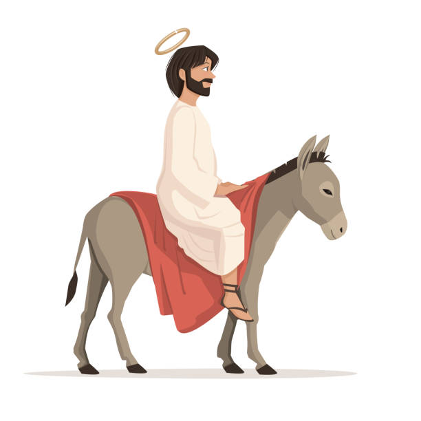 ilustraciones, imágenes clip art, dibujos animados e iconos de stock de jesús montado en un burro. la entrada triunfal en jerusalén - travel east jerusalem israel