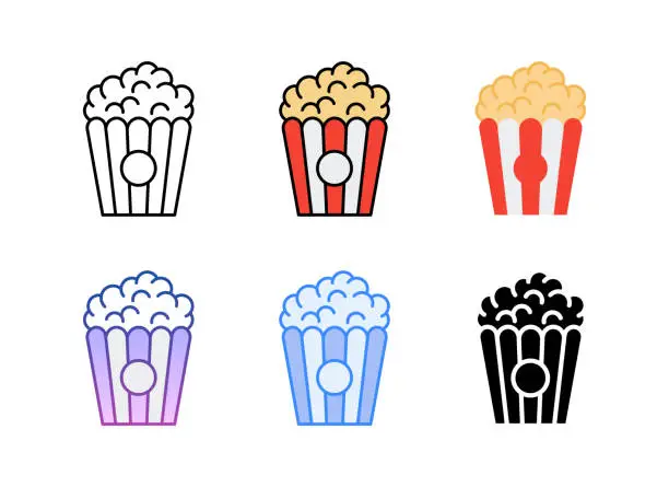 Vector illustration of Popcorn icon. 6 Different styles. Editable stroke.