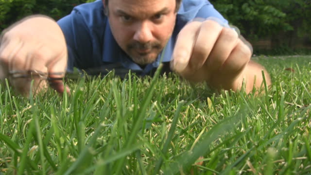 low angle crazy man cutting grass with scissors