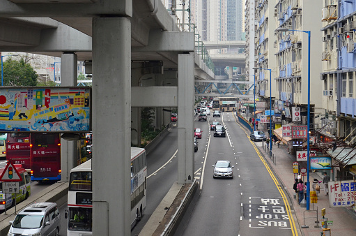 Hong Kong - December 7, 2022 : General view of the Tai Po Road Sha Tin Section in Hong Kong. Tai Po Road spans from Sham Shui Po in Kowloon to Tai Po in the New Territories of Hong Kong.