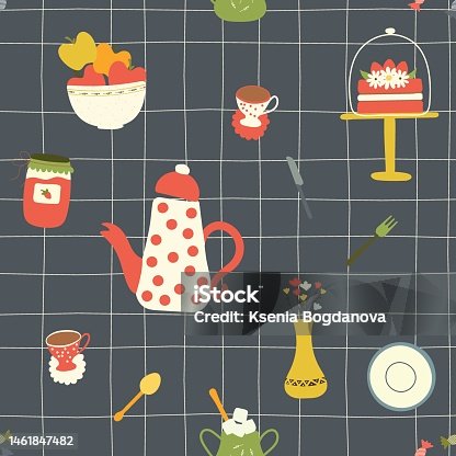 istock eamless pattern with crockery. Seamless vector with illustrations of tableware, teapot, vase, cake, apples in vase, cup, candy and spoon. Table pattern with blue tablecloth for paper or fabric print. 1461847482
