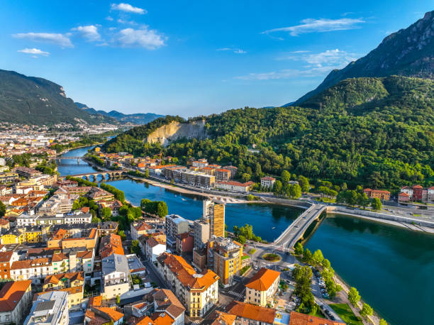 Aerial view of Lecco city in the southeastern shore of Lake Como, in northern Italy. Aerial view of Lecco city in the southeastern shore of Lake Como, in northern Italy, Europe como italy stock pictures, royalty-free photos & images