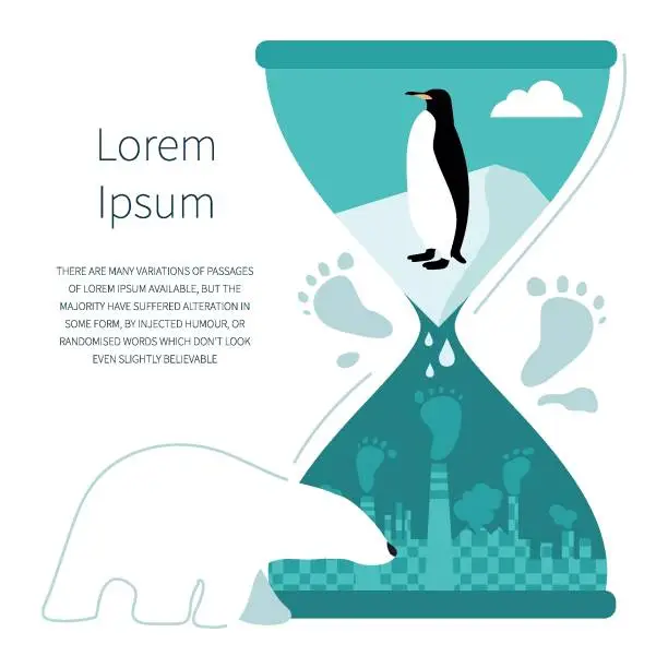 Vector illustration of Hourglass with polar bear, penguin and urban city emissions co2. The glacier melt, climate change. STOP GLOBAL WARMING.  Vector illustration  with carbon footprint.