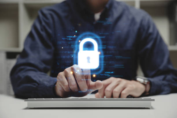 istock Businessman pointing to padlock icon. 1461869876