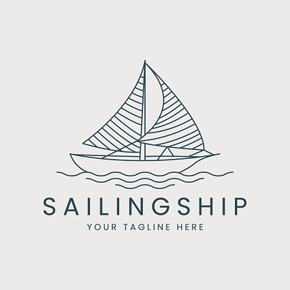 sailing ship line art logo vector template illustration design. sailboat and sea concept business