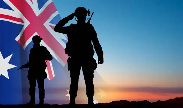 Vector illustration of Silhouette of Soldiers with Australian flag