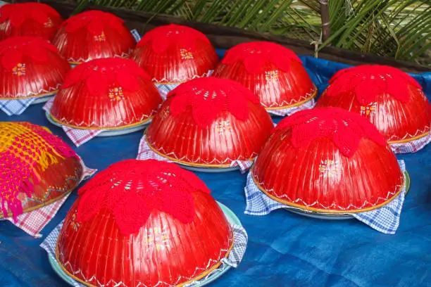 Dulang or tray, covered with serving lid. Dulang contain several traditional cuisine menu. Makan bedulang or eating bedulang is the tradition way of eating together from one tray in Belitung Island.