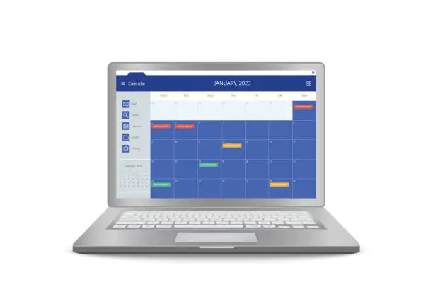 Vector illustration of Calendar Planner Organization Management. Laptop Calendar Event Application On Screen. illustrator vector