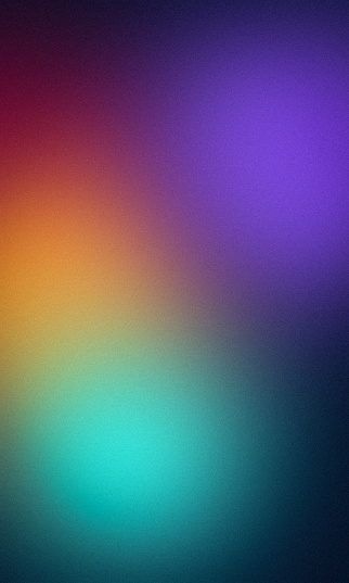 Grainy color gradient background, abstract vibrant colors, grain texture, blurred orange purple green spots on black