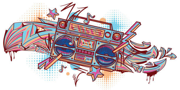 illustrazioni stock, clip art, cartoni animati e icone di tendenza di boom box colorato e frecce graffiti - 1980s style funky 1990s style boom box