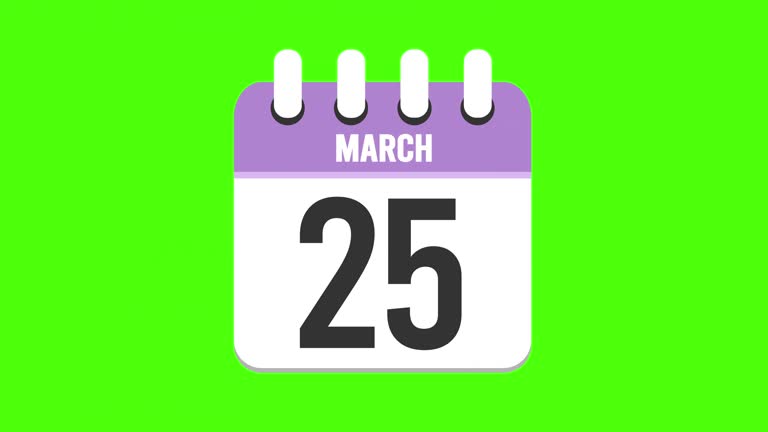 March 25. Calendar appearing with the pages dropping down to the march 25. Green background, chroma key (4k in Loop)