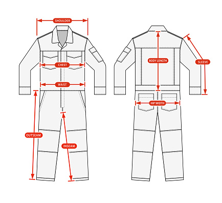 Clothing size chart vector illustration ( long-sleeves working overalls | jumpsuit )