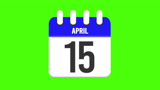 April 15. Calendar appearing with the pages dropping down to the april 15. Green background, chroma key (4k in Loop)