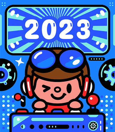 Cartoon Characters Design Vector Art Illustration. 
A cute boy is piloting an Unlimited Power Spaceship and celebrating the arrival of 2023.