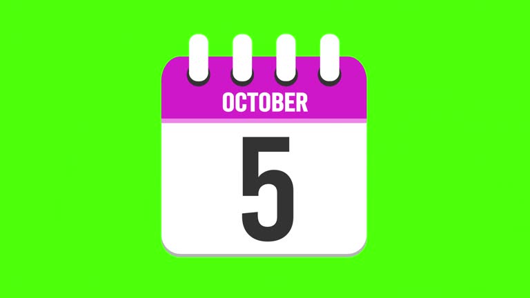 October 5. Calendar appearing with the pages dropping down to the october 5. Green background, chroma key (4k in Loop)