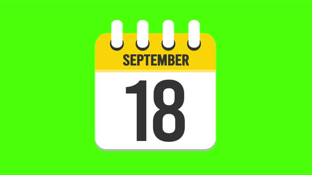 September 18. Calendar appearing with the pages dropping down to the september 18. Green background, chroma key (4k in Loop)